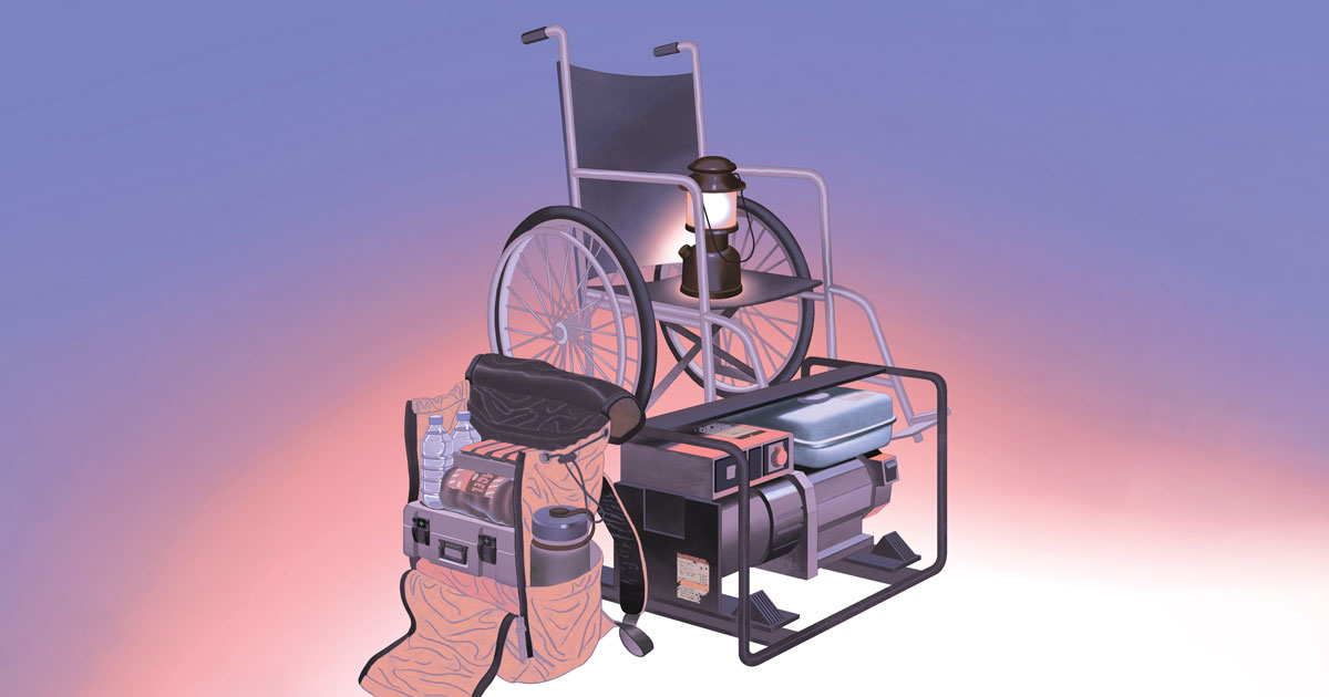 Illustration of a wheelchair surrounded by emergency preparedness items including a lantern, sleeping bag, bottled water, first aid kit, portable stove, and generator, set against a gradient background of purple and pink hues.
