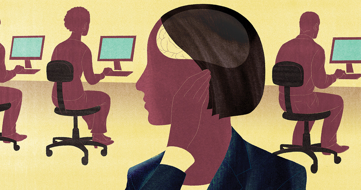 Illustration of woman who has a neurological condition working in an office
