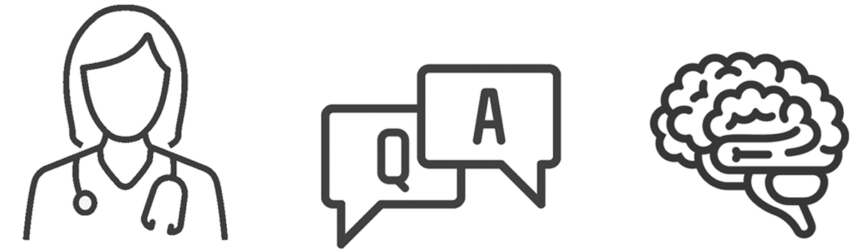 Icon of neurologist, Q&A speech bubbles, and brain
