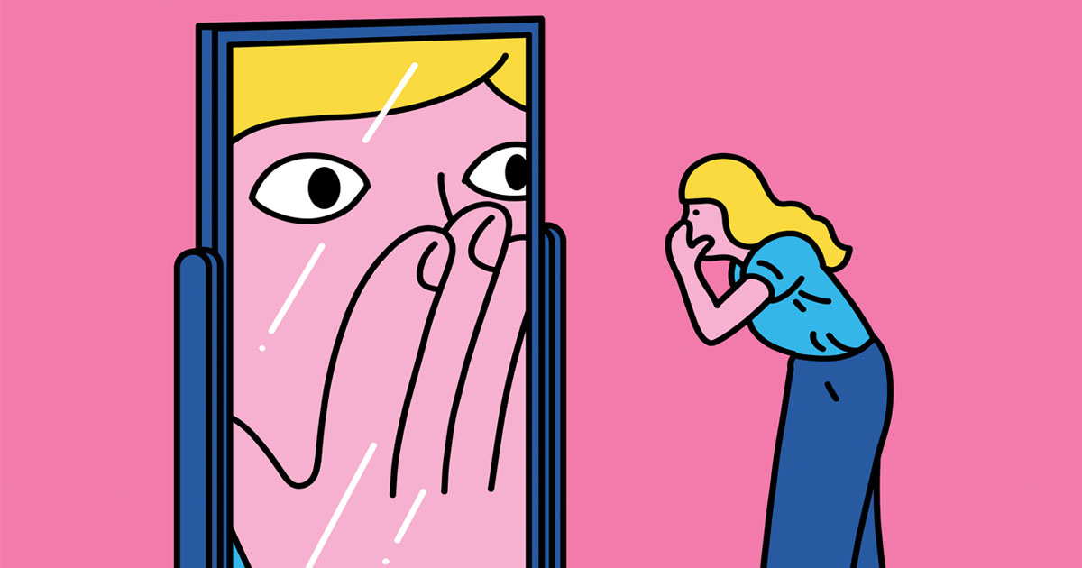 Illustration of person looking in a mirror and a larger face is looking back at them