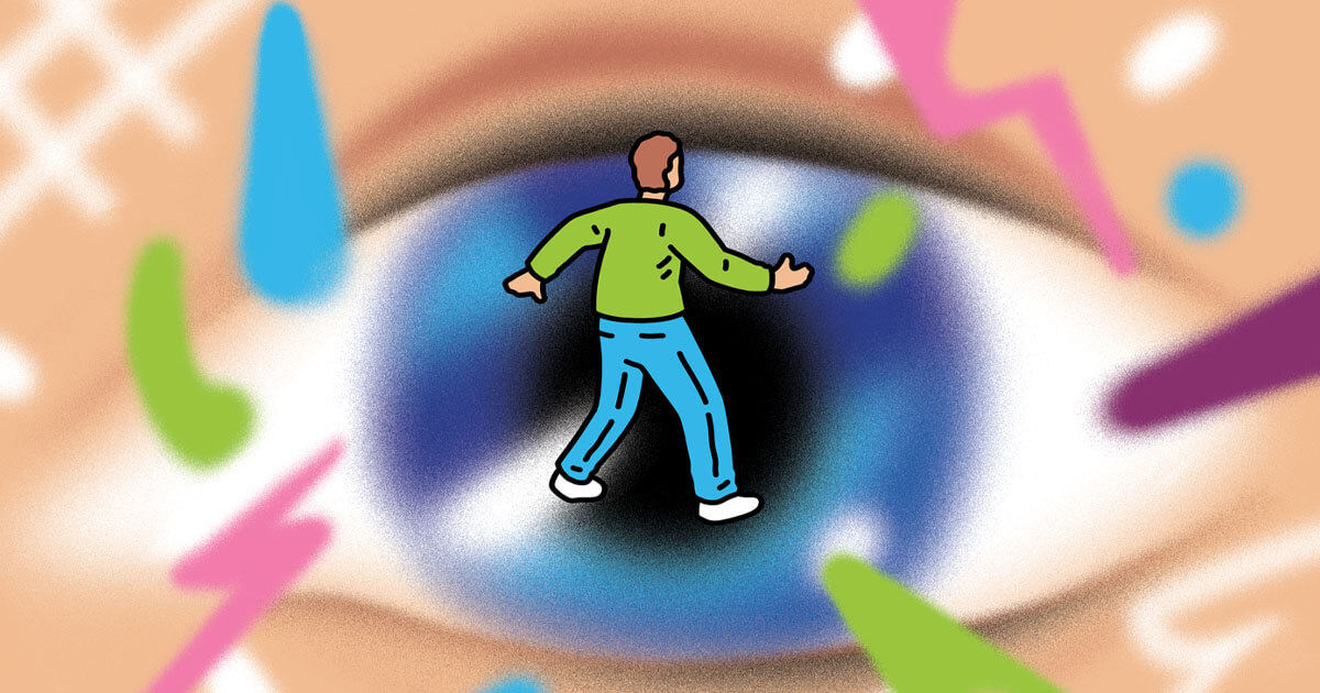 Graphic of blurry giant eye with figure of a person in front of it