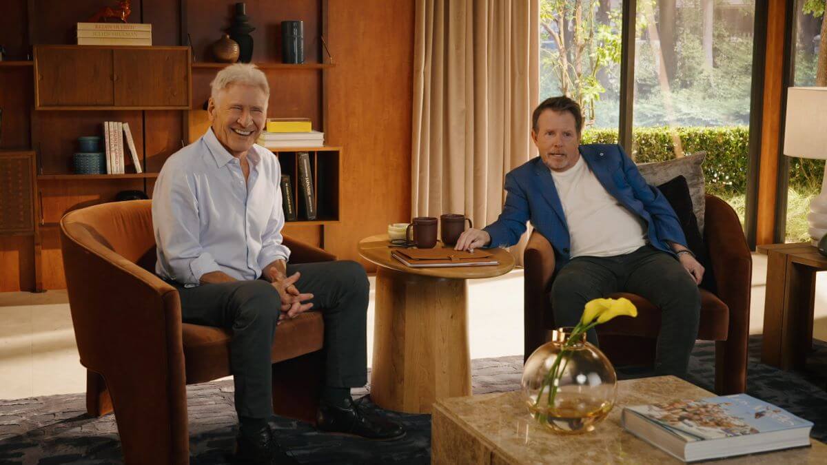 Michael J. Fox and Harrison Ford on the set of the "So&hellip;Your Friend Has Parkinson's&rdquo; video campaign. Photo courtesy The Michael J. Fox Foundation.