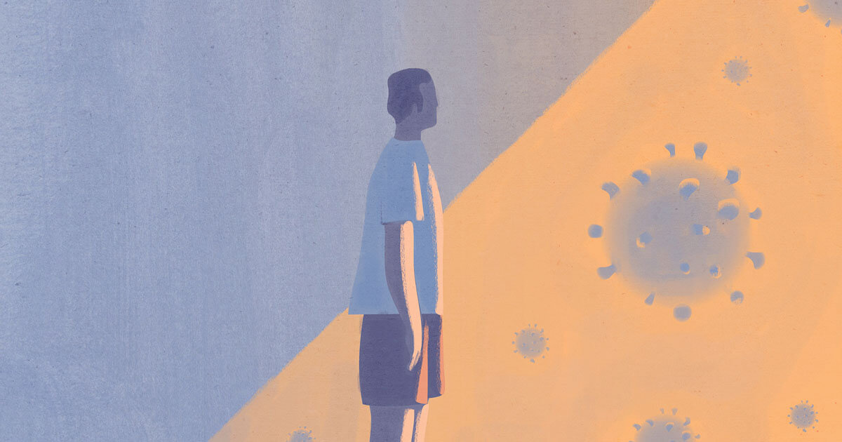 Person standing among coronavirus particles illustration