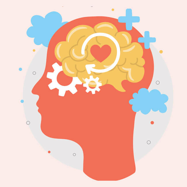 Ilustración de un cerebro y un corazón dentro de la silueta de una cabeza humana