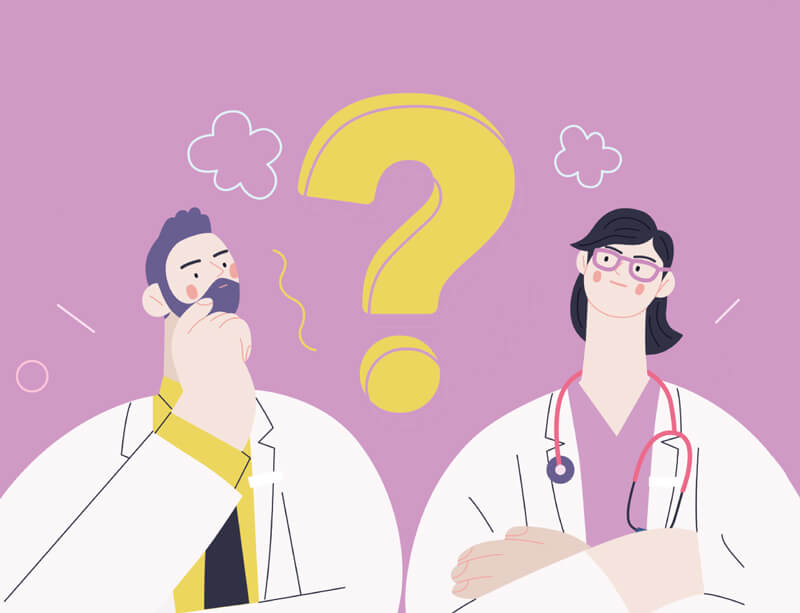Dos profesionales de la salud junto a un signo de interrogación