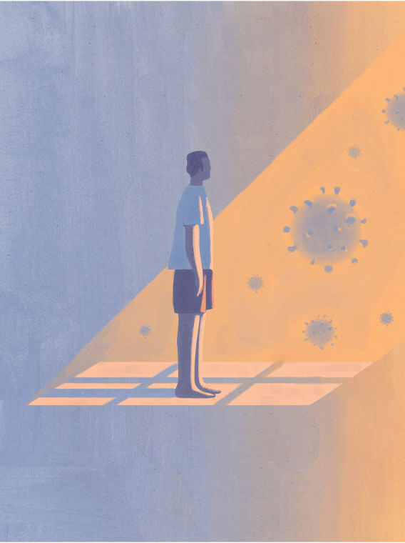 Ilustración de una persona observando partículas virales