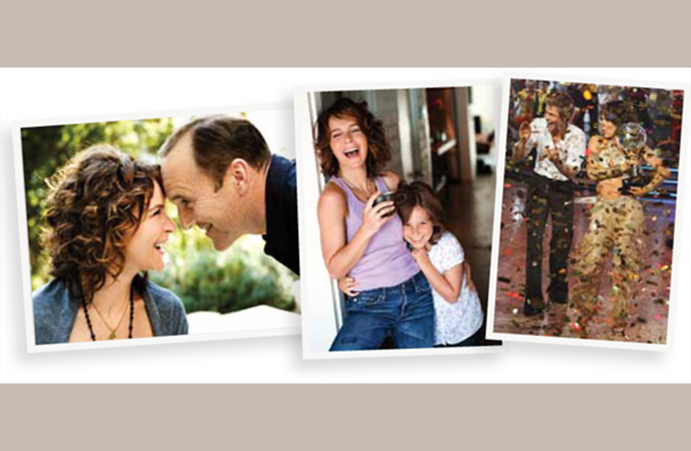 Left to right: At home with her husband, Clark Gregg, an actor and director; with daughter, Stella; and winning Dancing with the Stars, Season 11, in 2010, with partner Derek Hough.