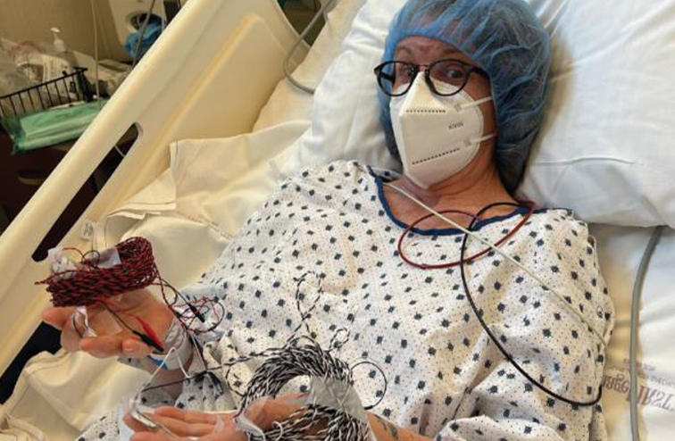 Melissa Gilbert in a hospital bed as she recovers from total disk replacement.