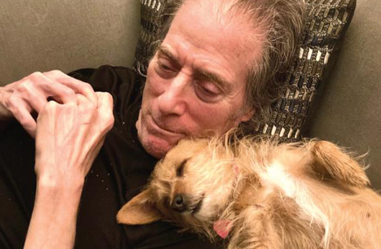 Lewis lying on the couch with his dog Lila in 2023. 