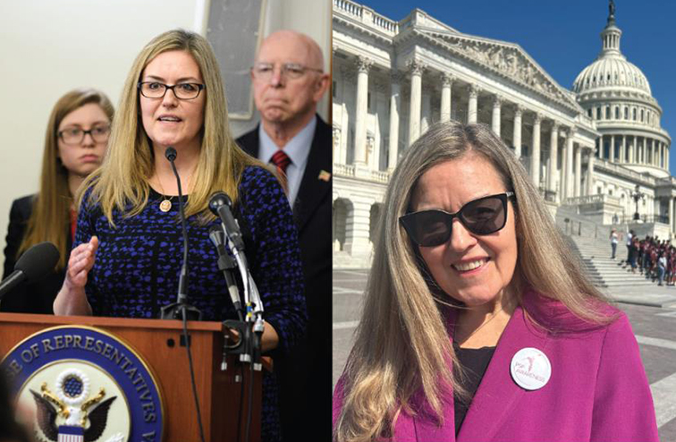 Wexton at a House press conference in 2019 and advocating for PSP awareness in 2024.  