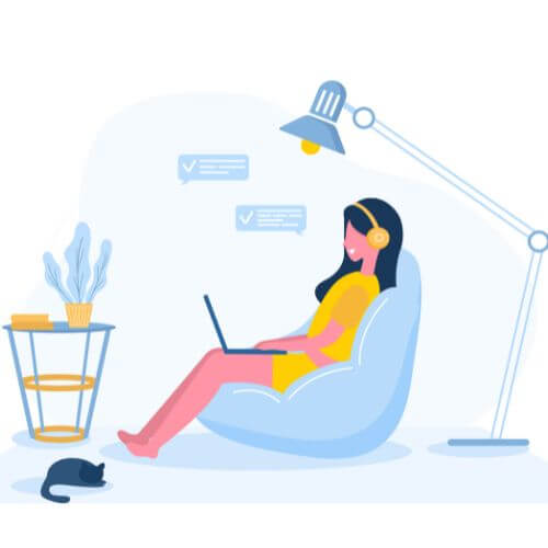 illustration of woman sitting on beanbag chair wearing headphones and typing on laptop