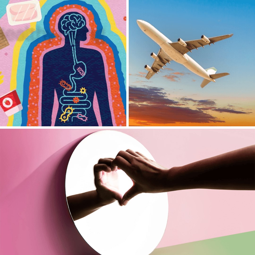 Collage showing a stylized illustration of the human body with internal systems, an airplane flying at sunset, and hands forming a heart shape inside a circular opening