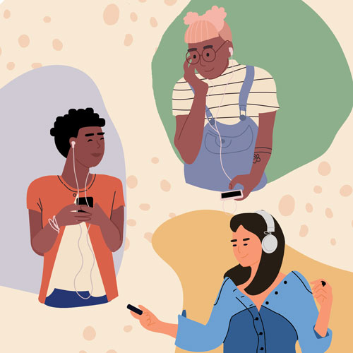Illustration of people listening to music and podcasts