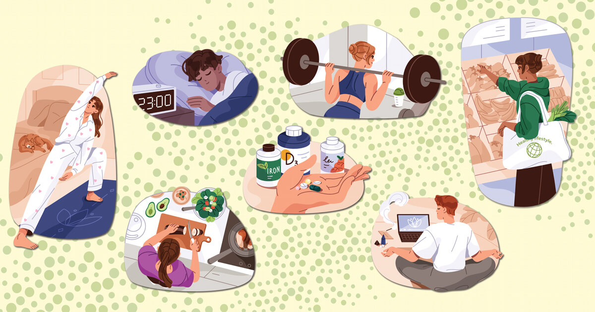 Illustrations of people doing brain-healthy habits