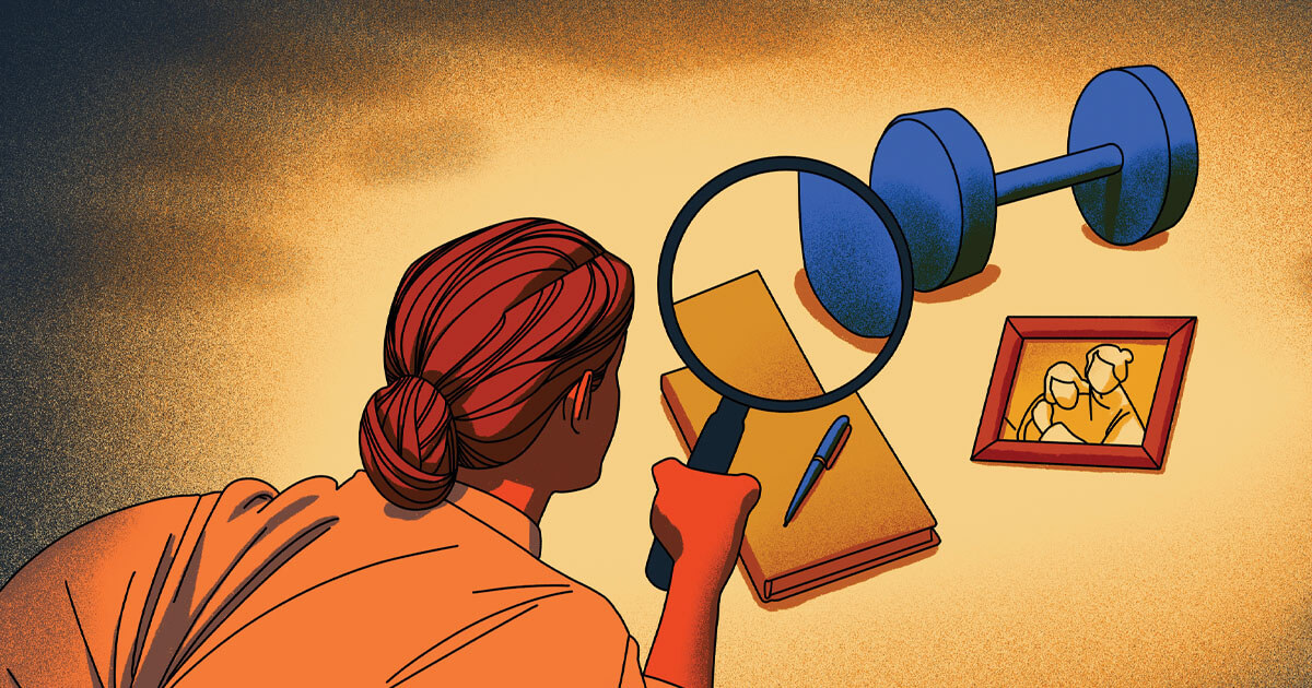 Illustration of person using a magnifying glass looking at a dumbbell, framed photo of two people, and a closed notebook and pen