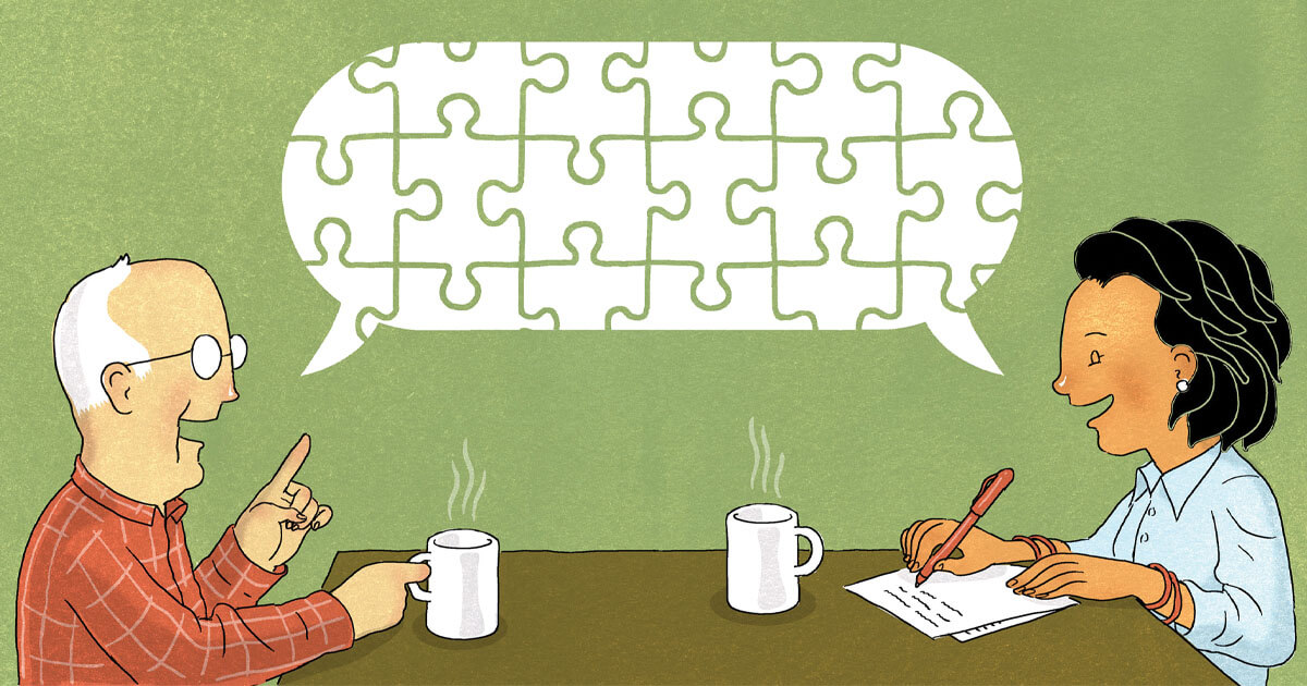 Illustration of an older man and a woman having a conversation over coffee, with a large speech bubble between them containing interlocking puzzle pieces, symbolizing connection or understanding. The woman is taking notes while smiling.
