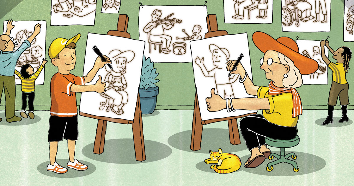 Grandmother and grandson drawing portraits of each other in an art class